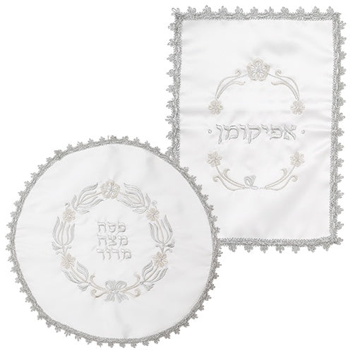2 piece White Satin Pesach Set 46 cm {Holiday-Pesach-Matzah Tash & Pesach Set} Manchester Judaica