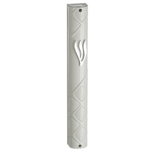 Plastic Mezuzah 15Cm - White With Silver Shin 23536 {Judaica-Home-Mezuzah Holder} Manchester Judaica