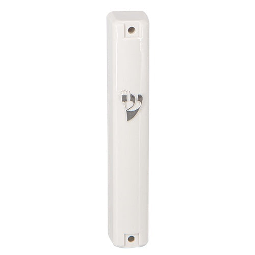 Plastic Mezuzah 15cm - White With Silver Shin {Judaica-Home-Mezuzah Holder} Manchester Judaica