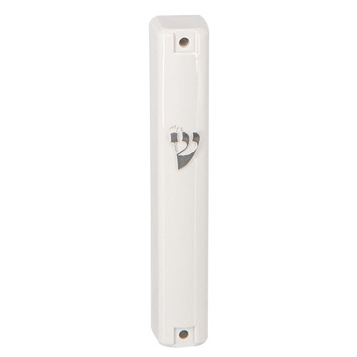 Plastic Mezuzah 12cm - White With Silver Shin