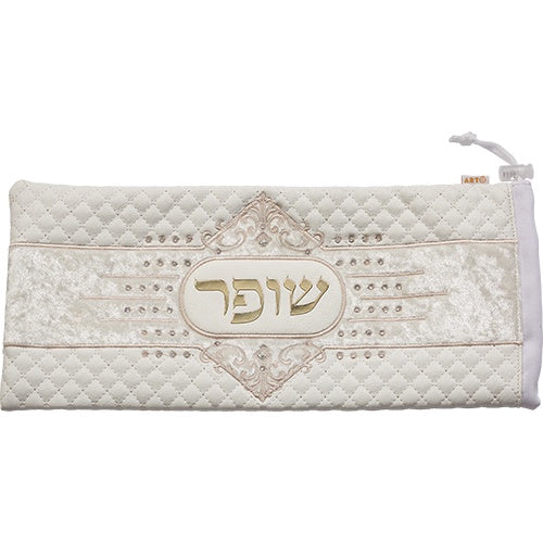 Leatherette Shofar Bag 20x42 cm - White with Embroidery