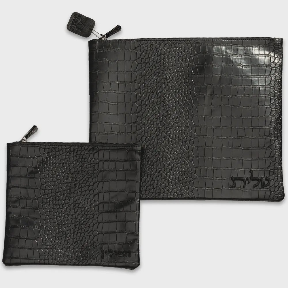 Black Leatherette Tallit - Tefillin Set 39*31 cm with Embroidery {Judaica-Tallis Tefilin Bags-Size 5} Manchester Judaica