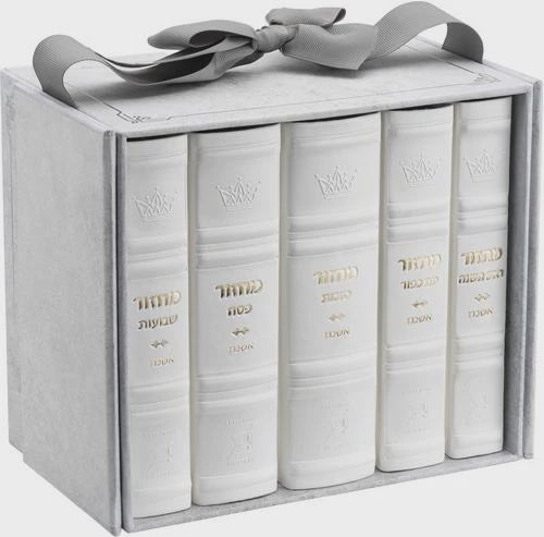 Machzor 5 Vol Slipcased Set Mid Size Ashkenaz Faux Leather - White