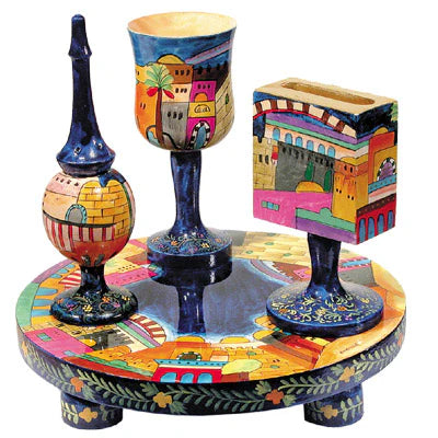 Havdallah Set -Wood With Hand Painted Jerusalem Images {Judaica-Shabbos-Havdolah} Manchester Judaica