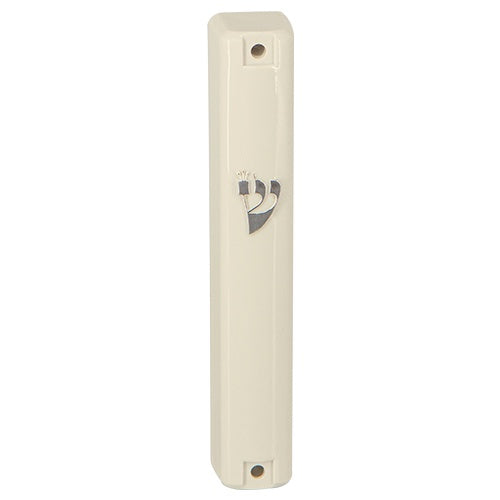 Plastic Mezuzah 12cm - Beige With Silver Shin Judaica-Home-Mezuzah Holder 29837 Manchester Judaica