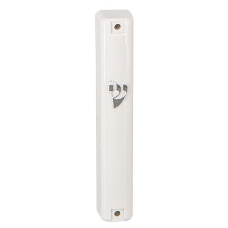 Plastic Mezuzah 15cm - White With Silver Shin Judaica-Home-Mezuzah Holder 23015 Manchester Judaica