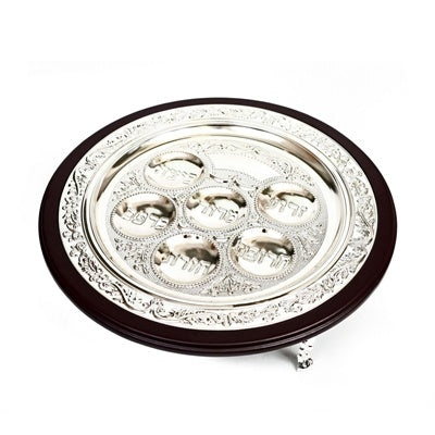 Silver Plated / Wood Kaareh Plate With Legs {Holiday-Pesach-Ka’arah Pesach Plates} Manchester Judaica